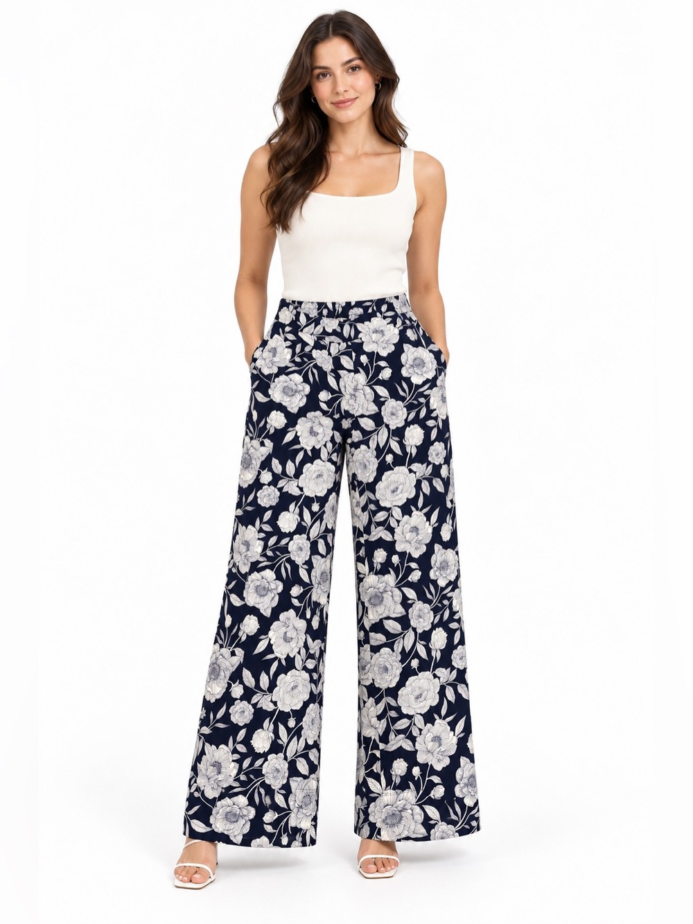 Three Dots Navy Wide-Leg Floral Print Pants
